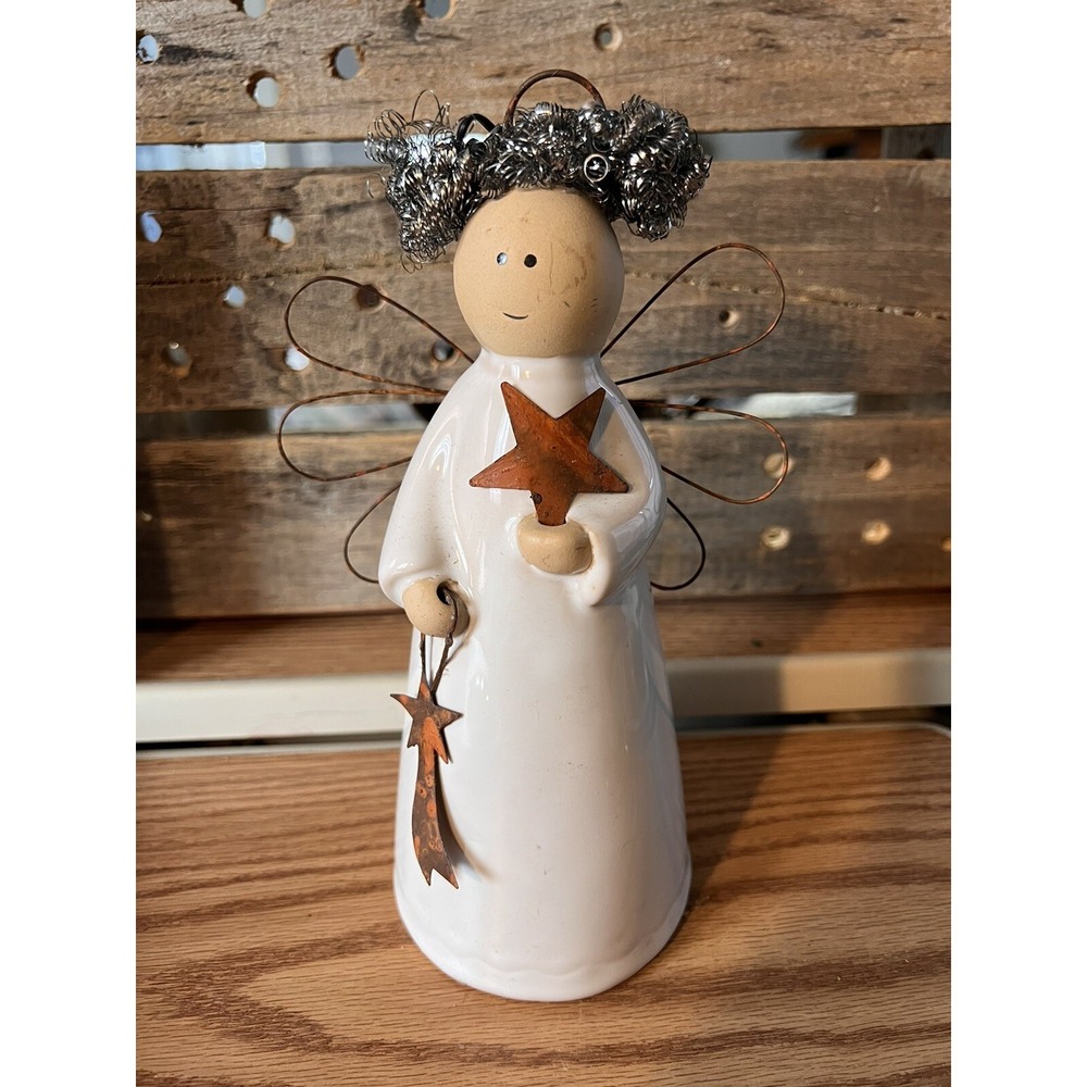 Handmade Ceramic Figurine Wire-Winged Angel With Curly Hair Holding 2 Stars 8"